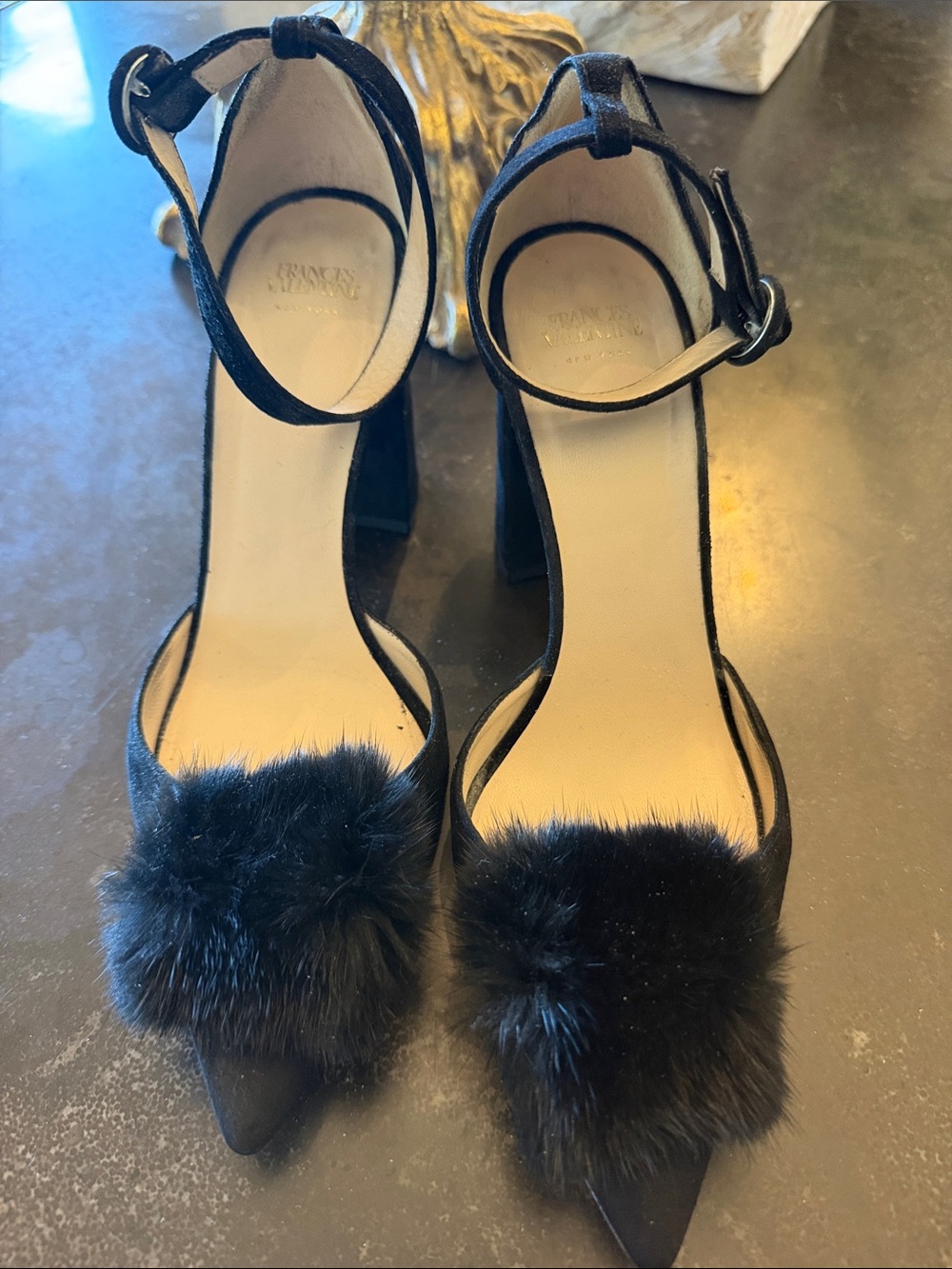 FRANCES VALENTINE Black Fur-Trim Ankle Strap Heels - Women's Dress Pumps